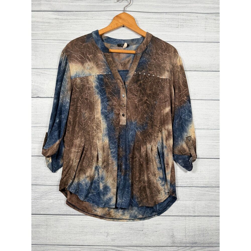 Vera Rose Women's Large Brown Blue Tie Dye Embellished Pintuck Tunic Top 1492
